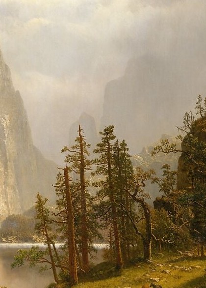 The trees serve as a vertical repoussoir element that frames the river and gives the human figures a sheltering canopy; their needle-sharp silhouettes against the misty background demonstrate Bierstadt's foreground precision.