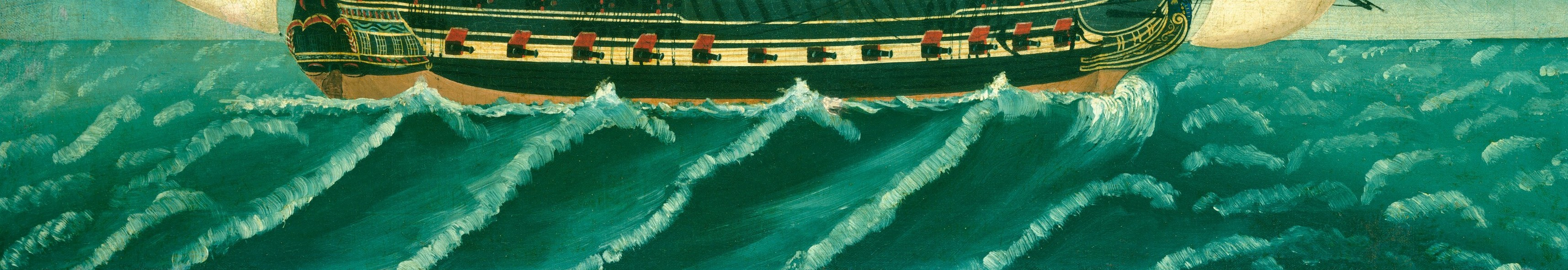 Stylized white crests on a teal sea create a decorative rhythm that frames the hull.