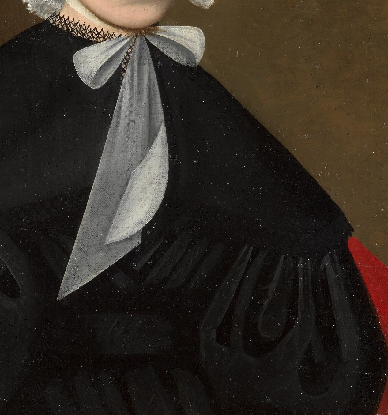 Her modest dress and bonnet suggest a quiet life.