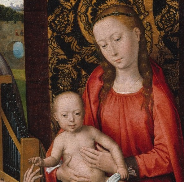 The nude infant reaches toward St. Catherine in the Mystic Marriage gesture , the pivotal narrative act of the whole panel.