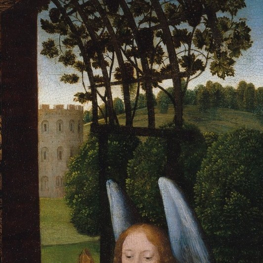 Her gentle expression and slightly parted lips convey quiet devotion; contrasted with Catherine's more formal pose, she reads as warmer and more approachable.