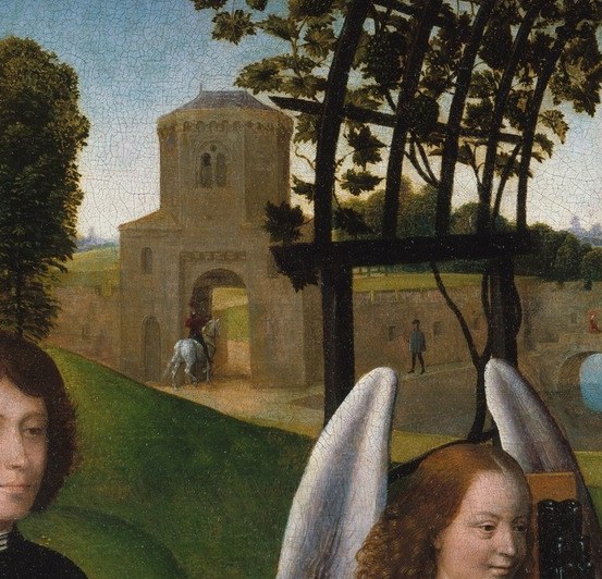 Her idealized profile, pearl-studded crown, and long auburn hair epitomize Memling's refined Flemish female type; she is the bride of the title.
