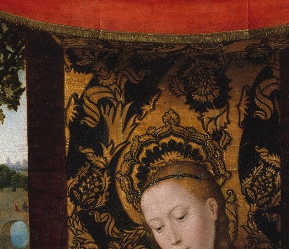 Her serene, slightly inclined face anchors the entire devotional mood; the golden crown and red mantle make her the luminous center of the composition.