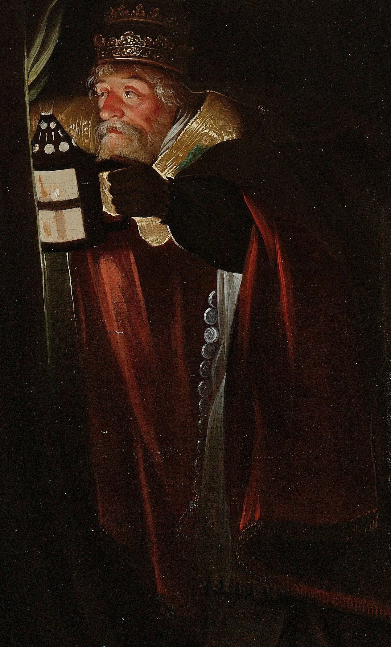 A third figure watches, lantern light on his face.