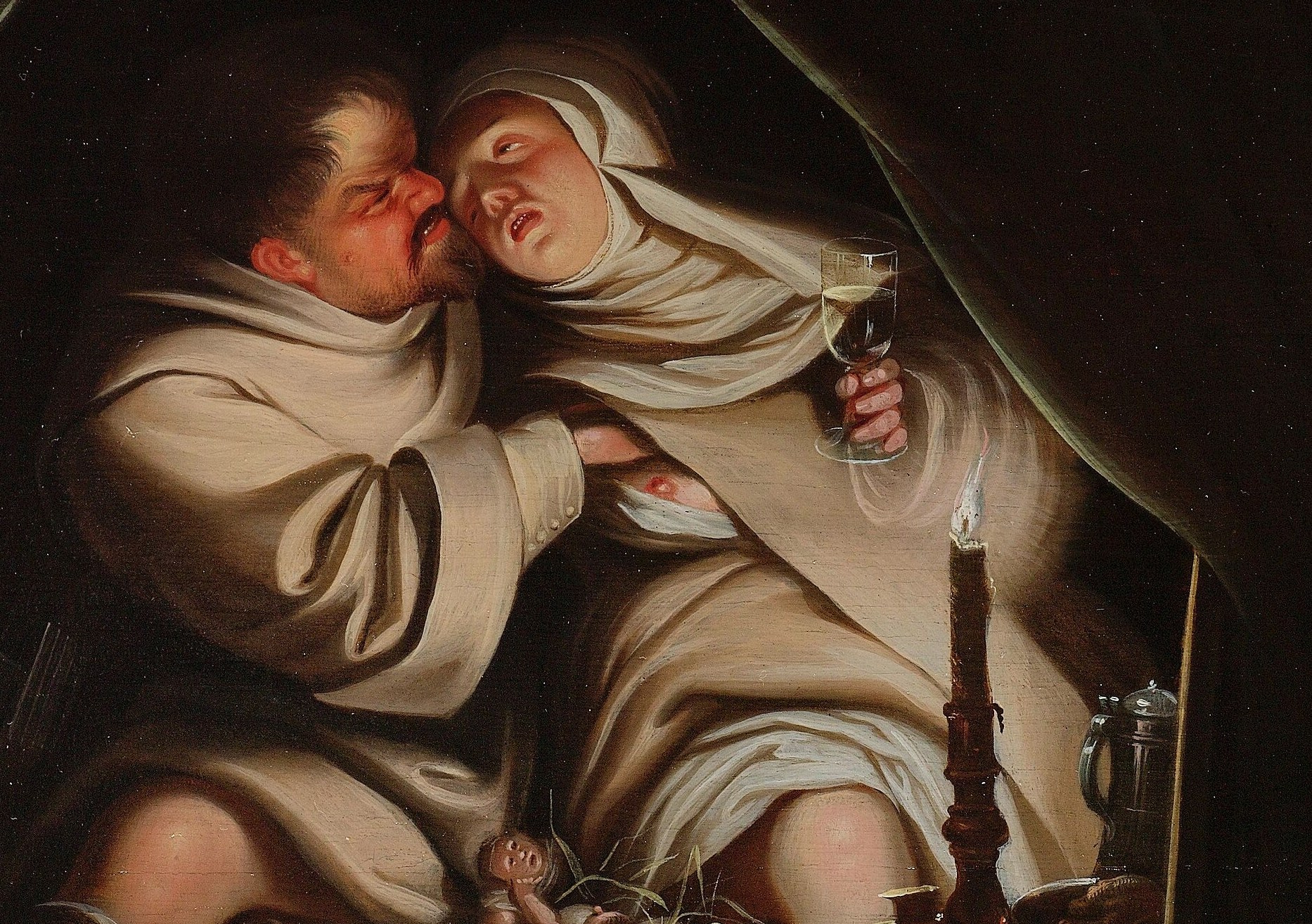 A priest and nun, in a forbidden embrace.