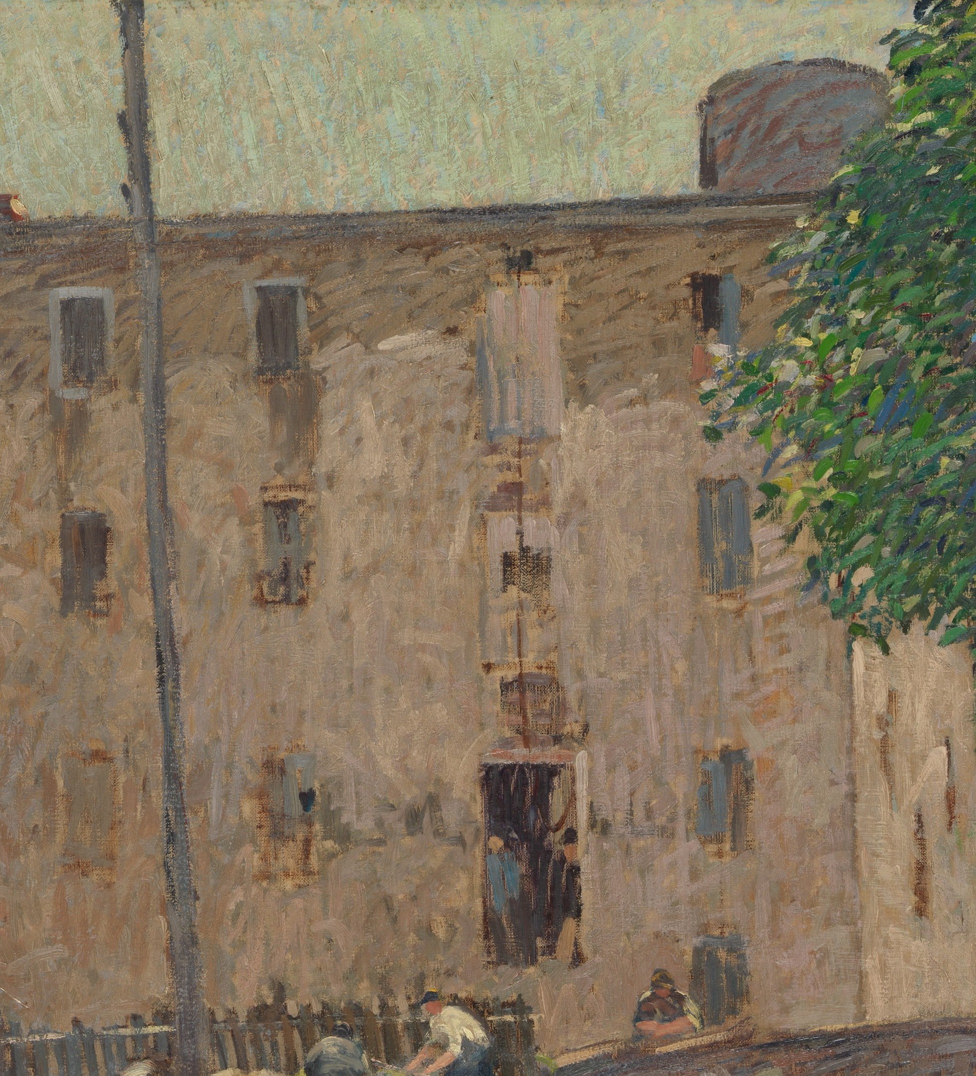 Look up, at the mill windows behind them.
