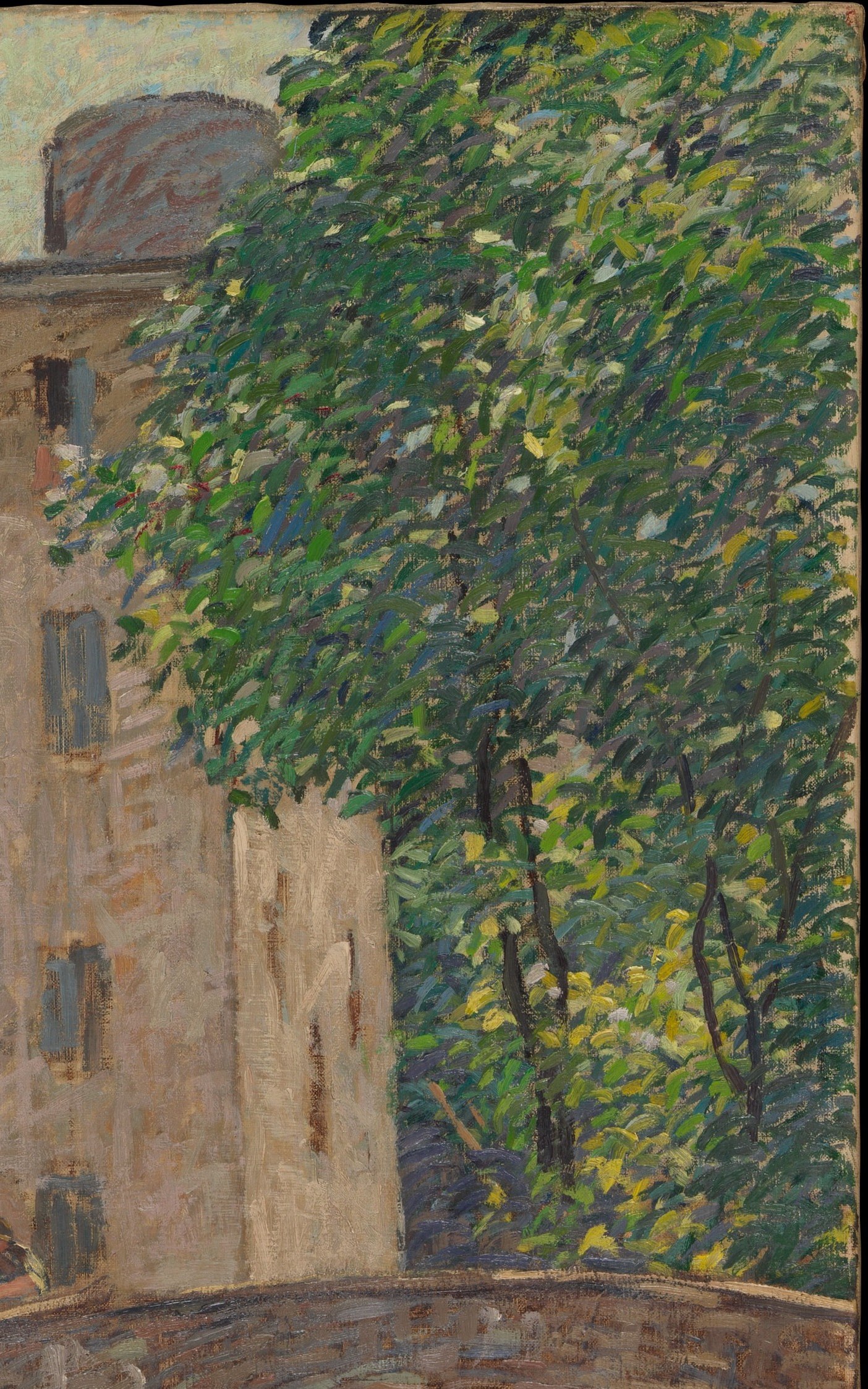 Nature's counterweight to brick and stone , the lush, sunlit trees provide the only warm green light in the painting and suggest the stream exists within a natural corridor despite the industrial surroundings.