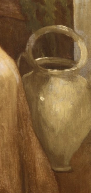 Beside her, a sturdy jug grounds the scene in utility.