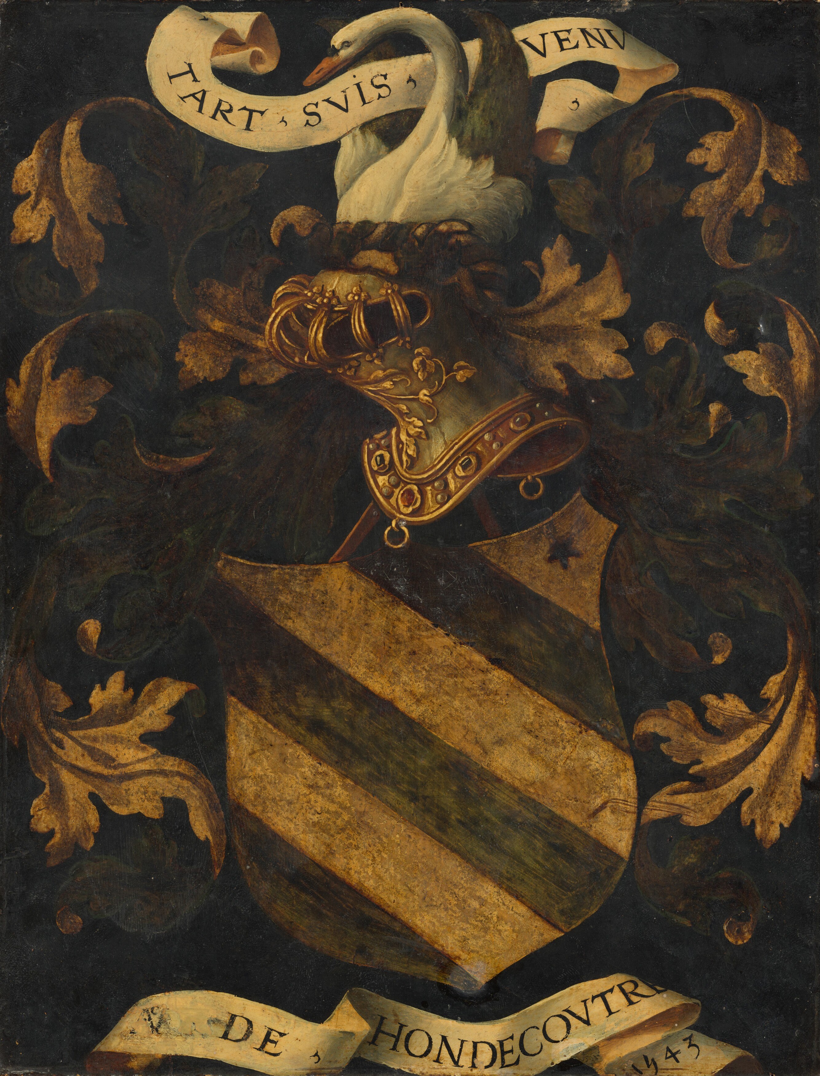 The deep, dark background creates a dramatic contrast, making the heraldic elements stand out with luminous intensity.