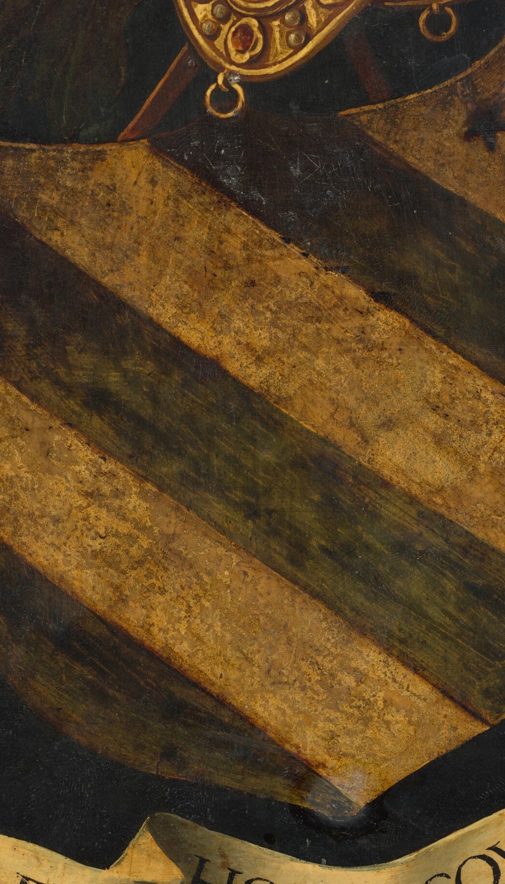 A gilded helmet of nobility. A striped shield.
