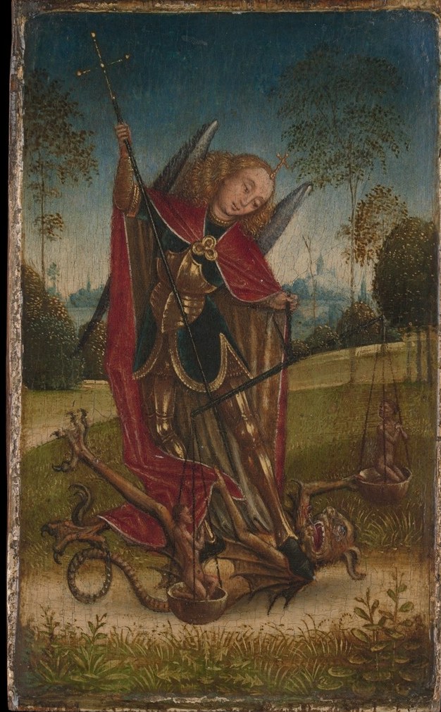 The central panel's dominant figure , a winged warrior angel in plate armour with brilliant red wings and a lance, commanding the composition's spiritual hierarchy.