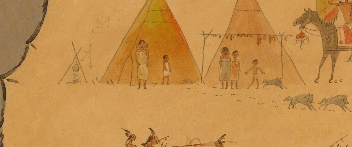 A village sleeps under the watch of a warrior on horseback.