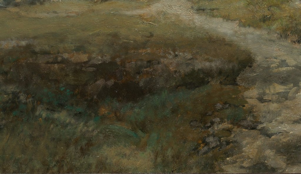 A dirt road curves toward a white farmhouse.