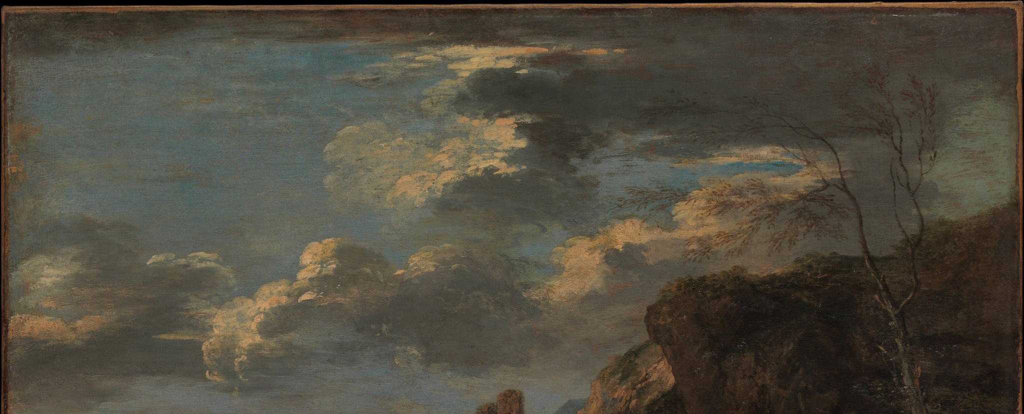 The dramatic sky amplifies the scene's tension and foreboding.