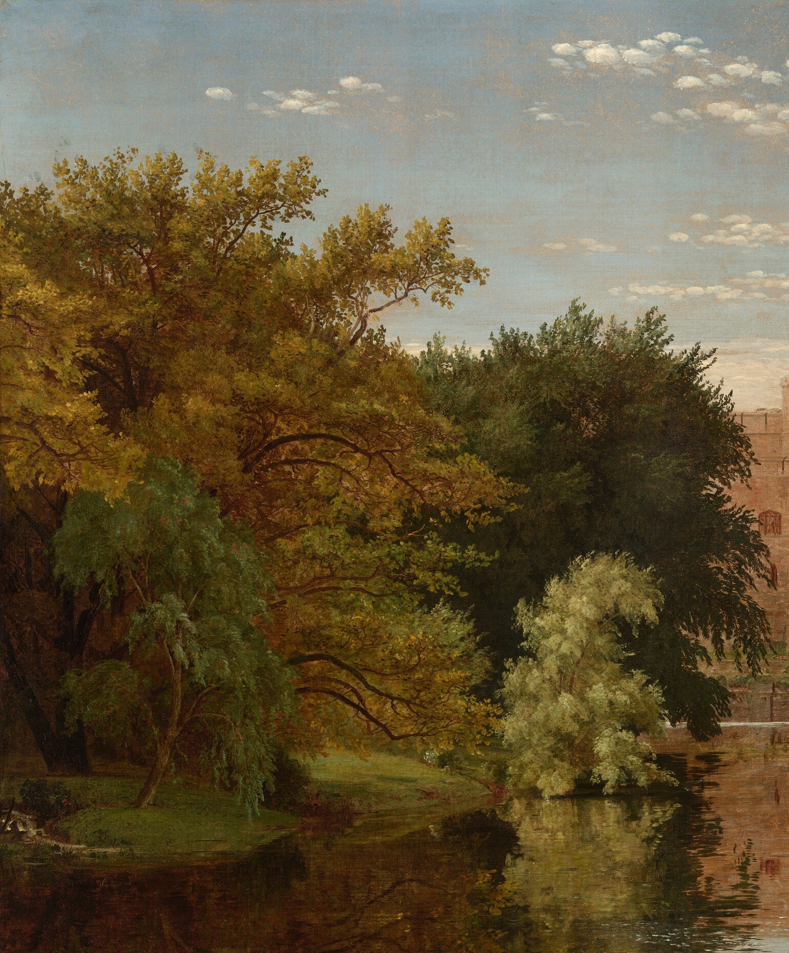 A classical coulisse repoussoir inherited from Claude Lorrain; its deep shadow forces the eye rightward toward the castle and dramatises the luminous sky beyond it.