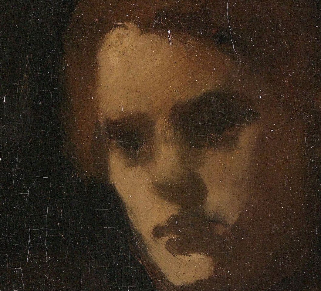 Her loose hair adds painterly movement.