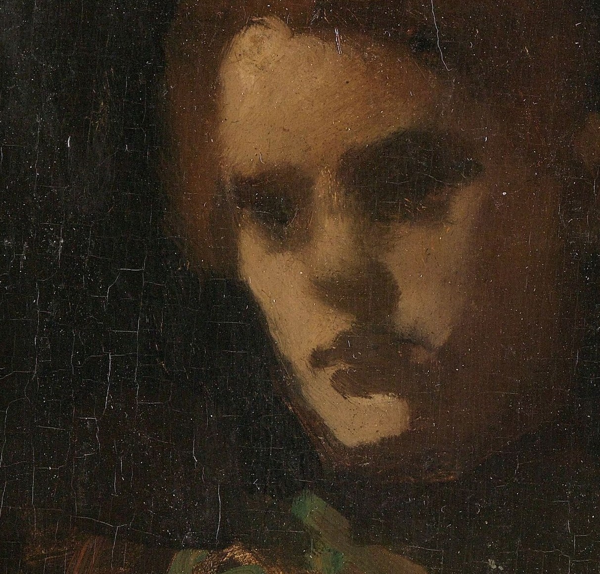 Her face is lost in deep shadow.