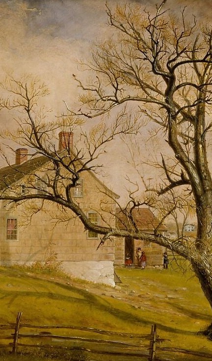 The compositional anchor of the painting; Mount's meticulous rendering of every winter branch against the pale sky shows his draughtsmanly virtuosity and creates a natural tracery that frames the farmhouse behind it.