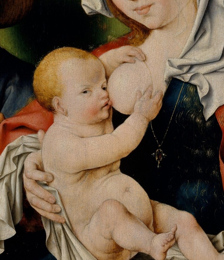 Plump infant body aligns with Maria Lactans tradition; the reaching pose toward Mary signals an interrupted nursing moment.