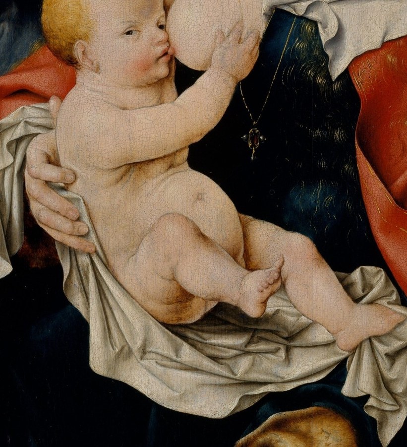 Saturated vermilion identifies Mary as Queen of Heaven; the broad fold passages show a workshop hand less subtle than Joos van Cleve himself.