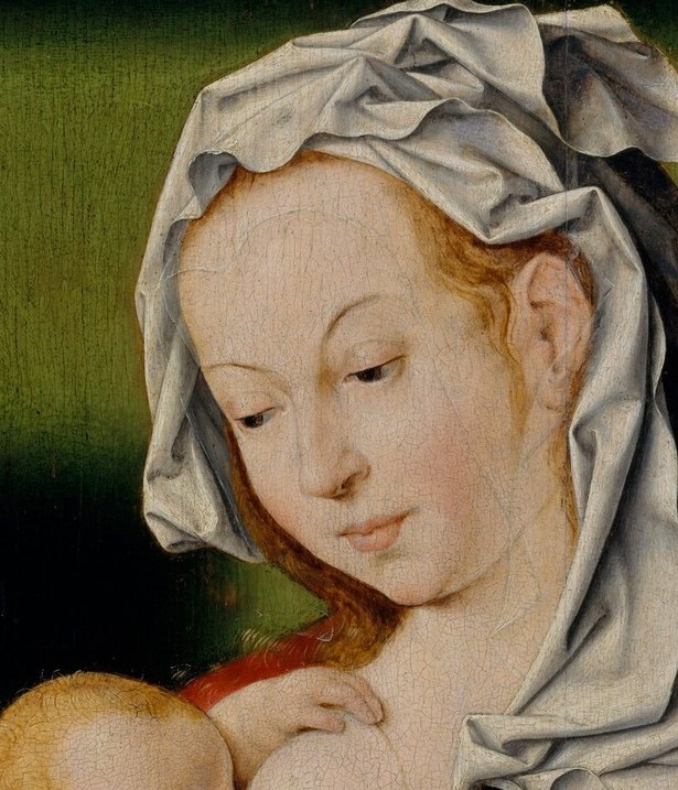 Serene downward gaze and delicate modelling convey maternal tenderness; the emotional anchor of the composition.