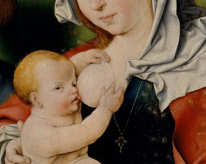 Crisp white cloth against red dress demonstrates the Antwerp workshop's trademark textile rendering; the pounce-transfer technique is visible in the even contours.