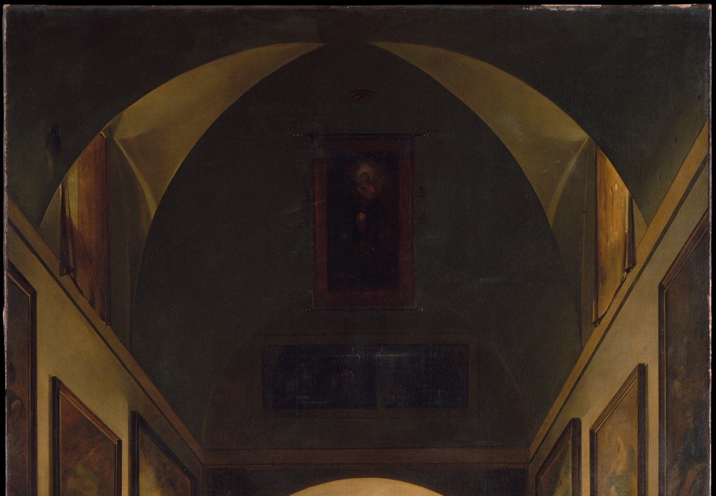 The repeated arches create a textbook one-point perspective tunnel that physically pulls the eye toward the altar, demonstrating Granet's mastery of architectural recession.