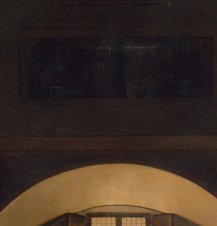 The sole light source in the painting; its pale glow against the dark vault is the emotional and compositional anchor of the entire work.