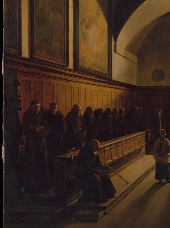Dark habits merge into the shadow, but individual bowed heads mark contemplative prayer; the anonymity of devotion is a deliberate effect.