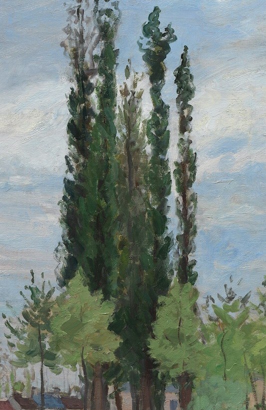 The vertical poplars create a strong counter-rhythm to the horizontal lock and waterline; their pale green is characteristically Impressionist in its looseness