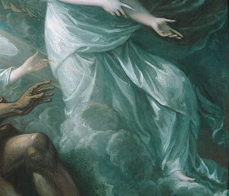 The angel's robe catches the light and throws it back.
