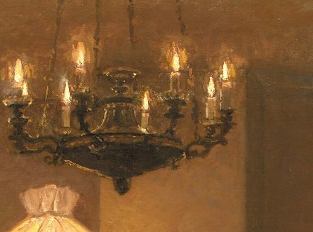 Light pours from the lamps and chandelier.