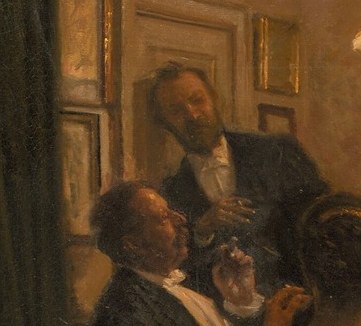 Philosophers Harald Høffding and Julius Petersen listen.