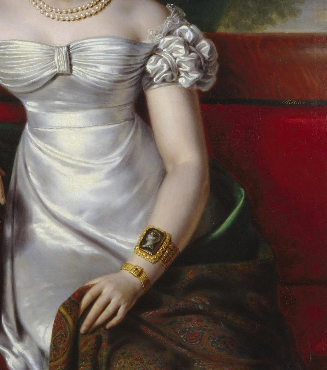 Her gown, rendered in shimmering silk, showcases the painter's skill.
