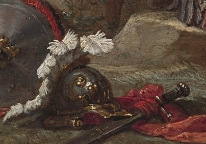 But his helmet and shield lie discarded by his foot.