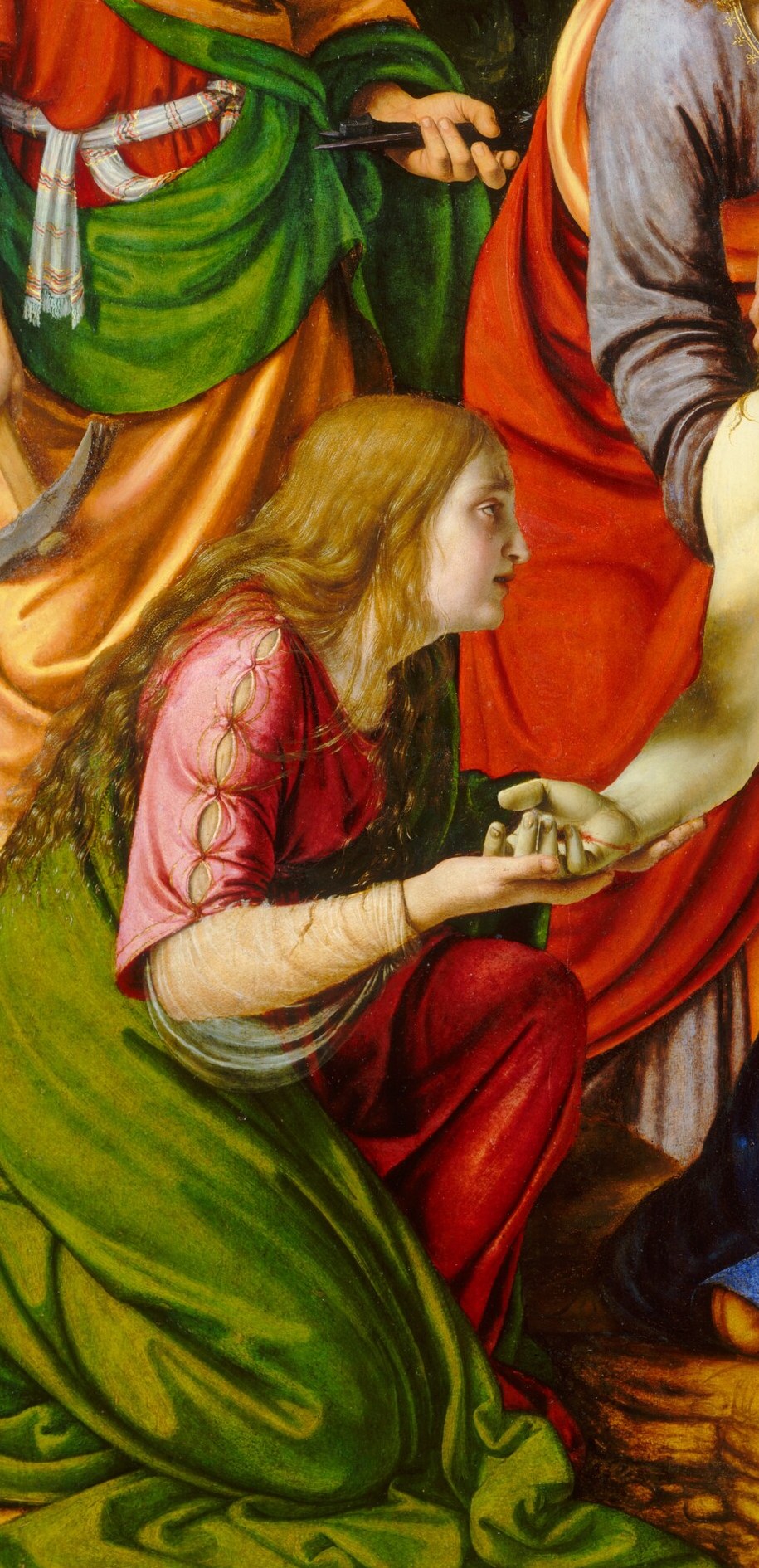 Her elaborate coiffure, jewelled bracelet, and rich pink-green drapery identify her; she presses her lips toward the wound-pierced hand in a gesture of devotion and loss.