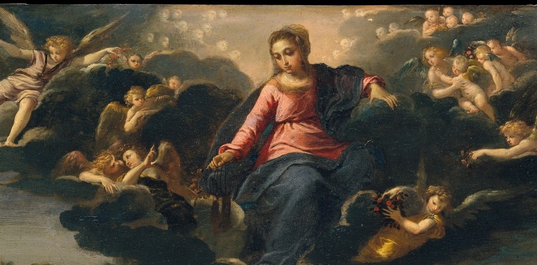Several winged child-angels swirl dynamically around Mary in the upper register; their turbulent arrangement contrasts with the stillness of the saints below, emphasizing the supernatural energy of the vision.
