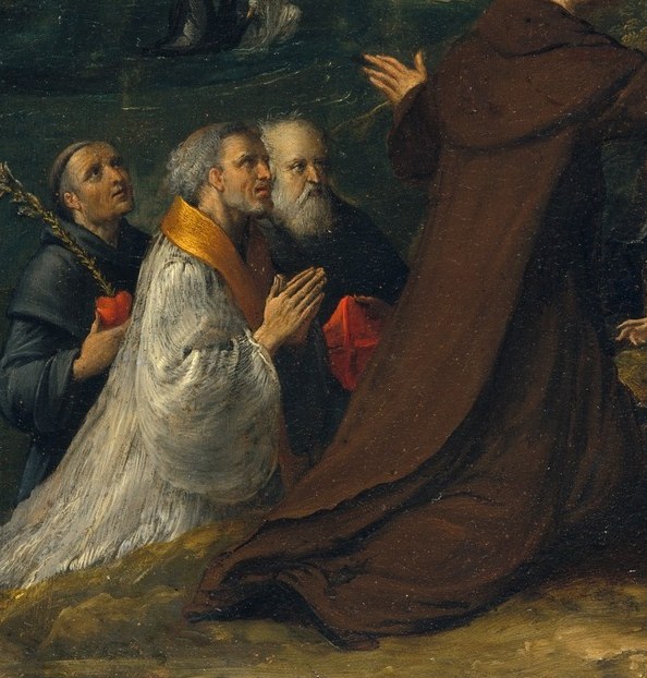 His deep bow and clasped hands are the most abject gesture of submission in the picture , a viewer's surrogate for what it feels like to witness a miracle.