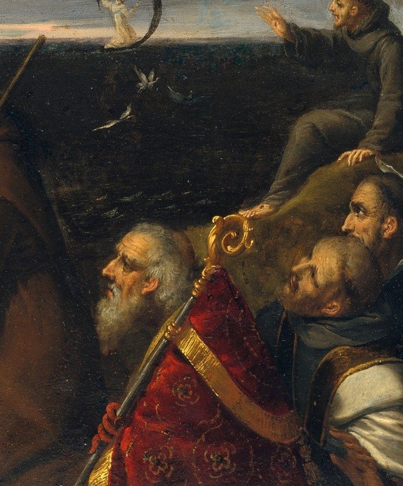 The pointing arm creates a rhetorical arrow directing the viewer's eye to the celestial vision; the red vestment stands as one of the warmest chromatic accents against the cool sky.