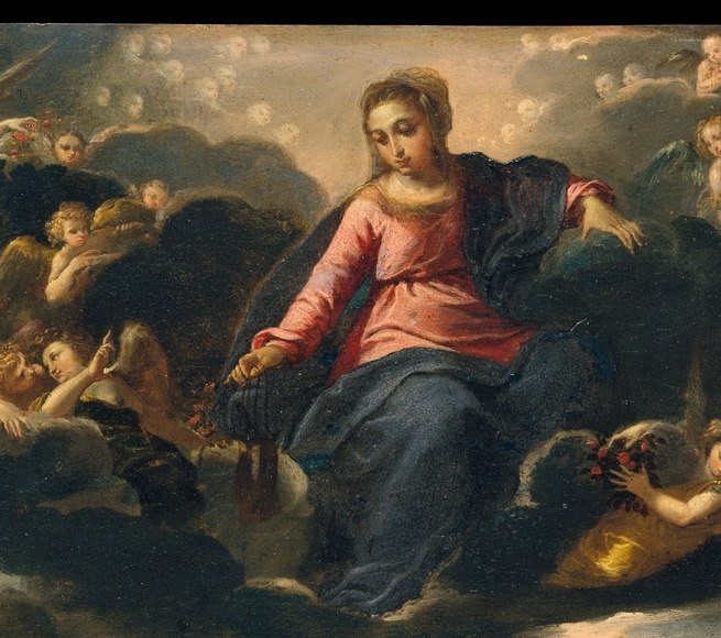 The focal divine apparition: Mary is frontal and luminous against the dark sky, the infant Christ gestures downward blessing the assembled saints , the vertical axis of the whole composition.