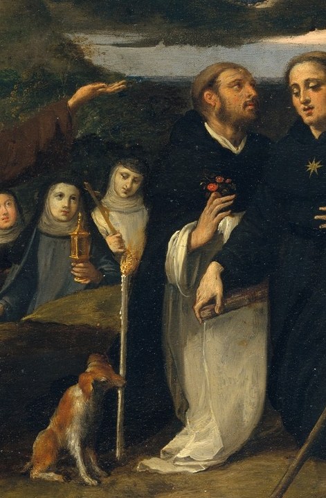 The white habit is the brightest terrestrial tone in the lower half, linking visually to the Virgin's illuminated figure above and serving as a color-path that pulls the eye up and down the vertical axis.