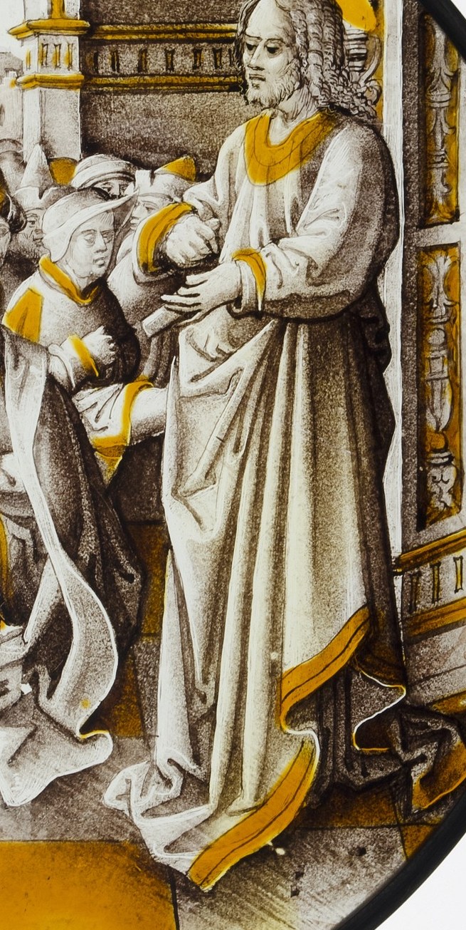 It shows Christ with the woman accused of adultery.