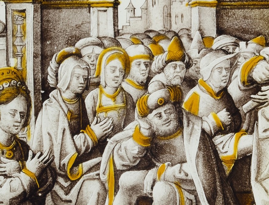 Their varied expressions and postures show a range of reactions, from curiosity to judgment.