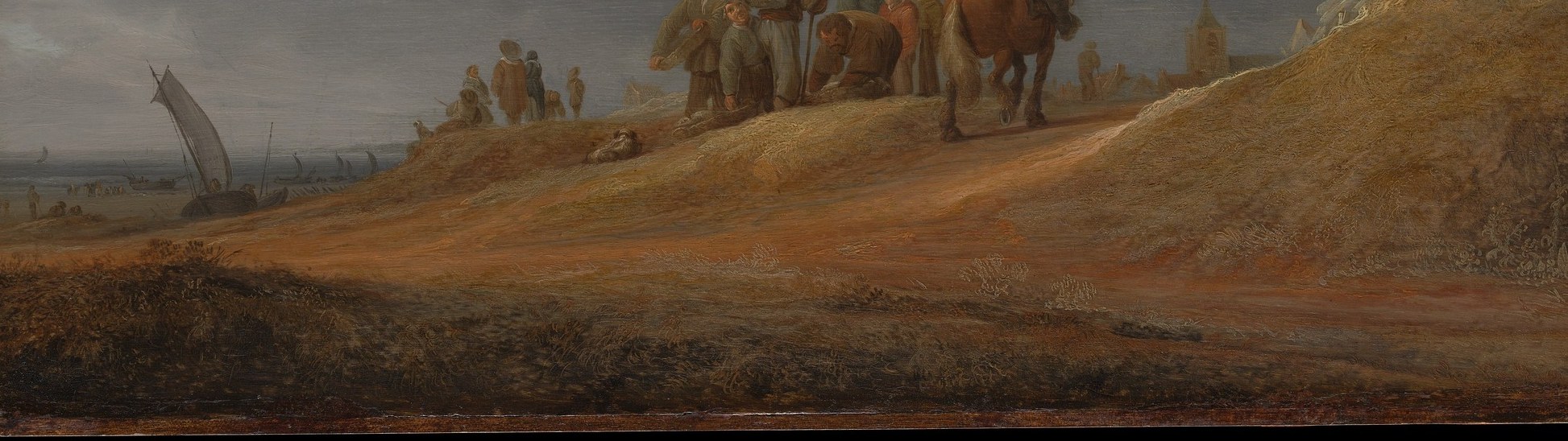Warm ochre sand texture fills the lower third; Ruysdael's handling of beach terrain , varied light-to-shadow across the dune surface , gives tactile weight to an otherwise airy composition.