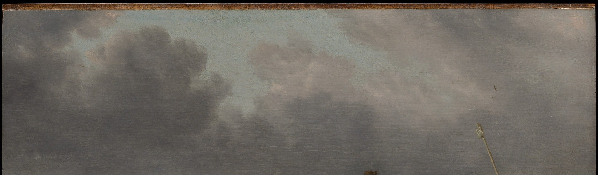 Ruysdael's signature virtuoso passage: layered dark cumulus built through tonal gradation alone, a technical showpiece that physically overwhelms the small human gathering below.