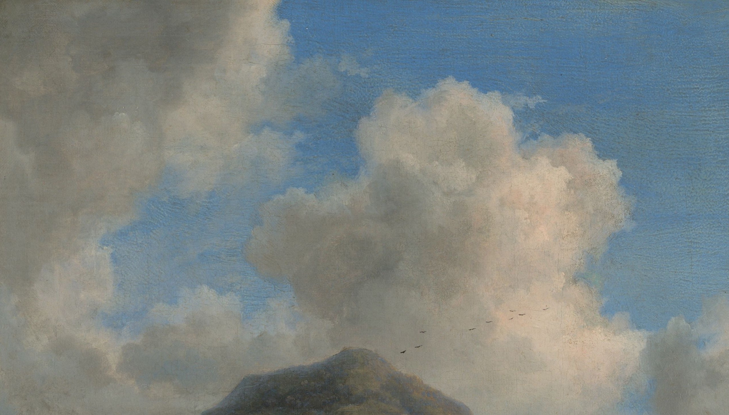 Ruisdael was among the first to paint clouds as sculptural monumental forms; here they mirror the mountain's mass exactly, creating a deliberate visual rhyme between earth and sky.