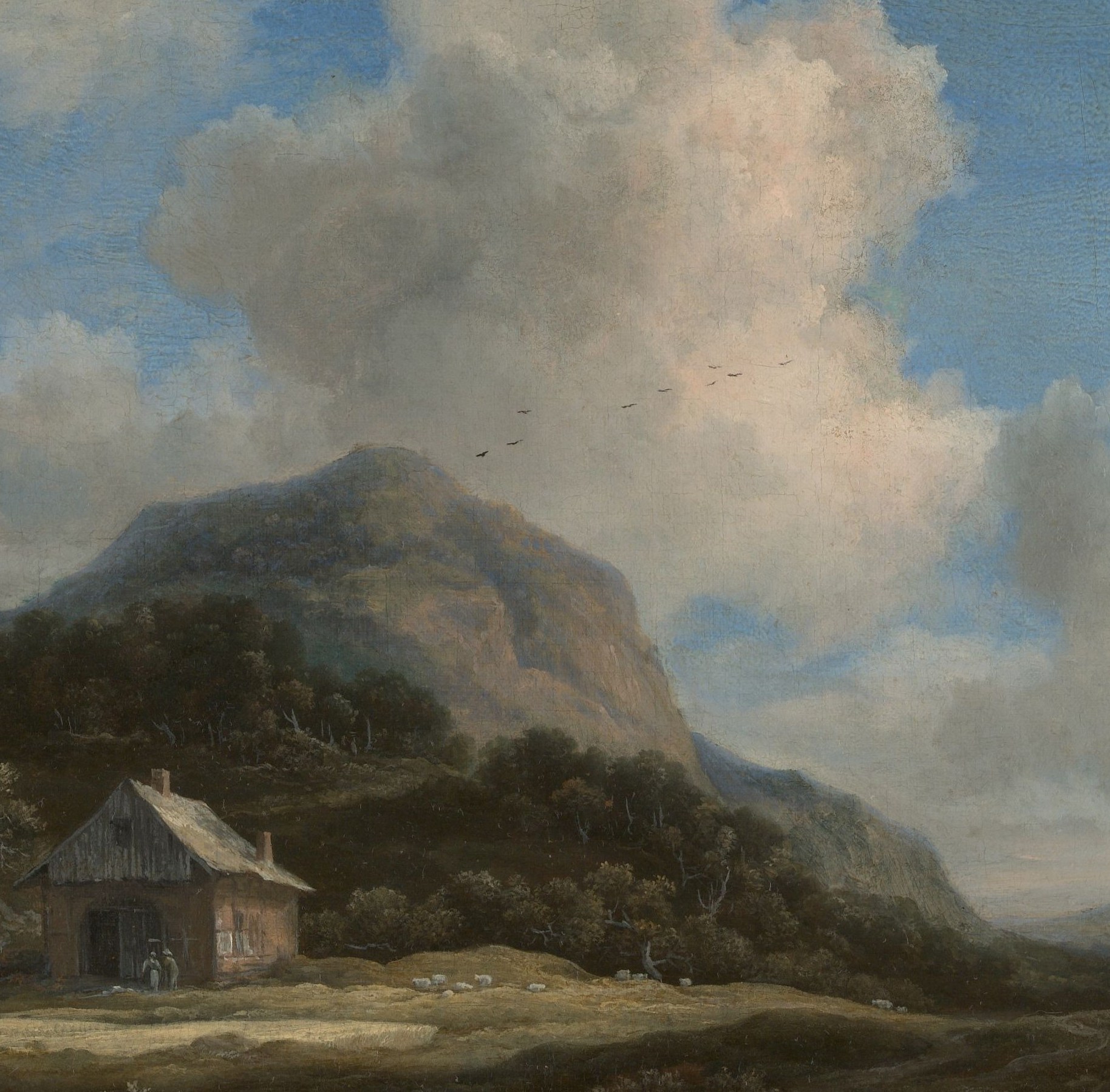 Dark and treeless at its summit, the mountain dwarfs every human element; Ruisdael amplifies its sublime weight by silhouetting it against brightening clouds, a technique he perfected without ever visiting Scandinavia.