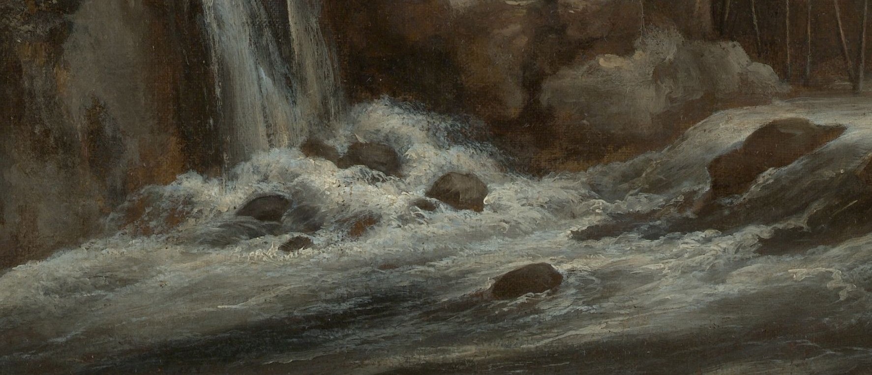 Gestural energetic brushwork in the foaming whites contrasts starkly with the stillness of the mountain above, building urgency; Ruisdael's water is always in motion, never decorative.