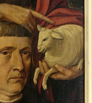 The gentle lamb held by John the Baptist is a clear iconographic symbol of sacrifice and purity.
