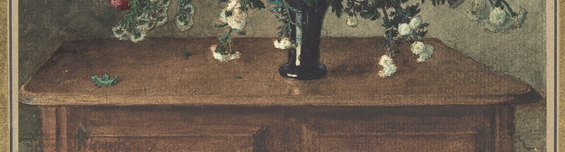 The warm brown wood grain is rendered with visible brushwork; its horizontal plane stabilizes the vertical riot of blooms above.